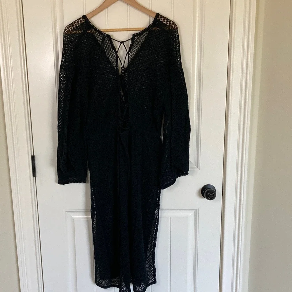 By Anthropologie Black Open Knit Midi Swim Cover Size M Bell Sleeve Boho‎ Resort
